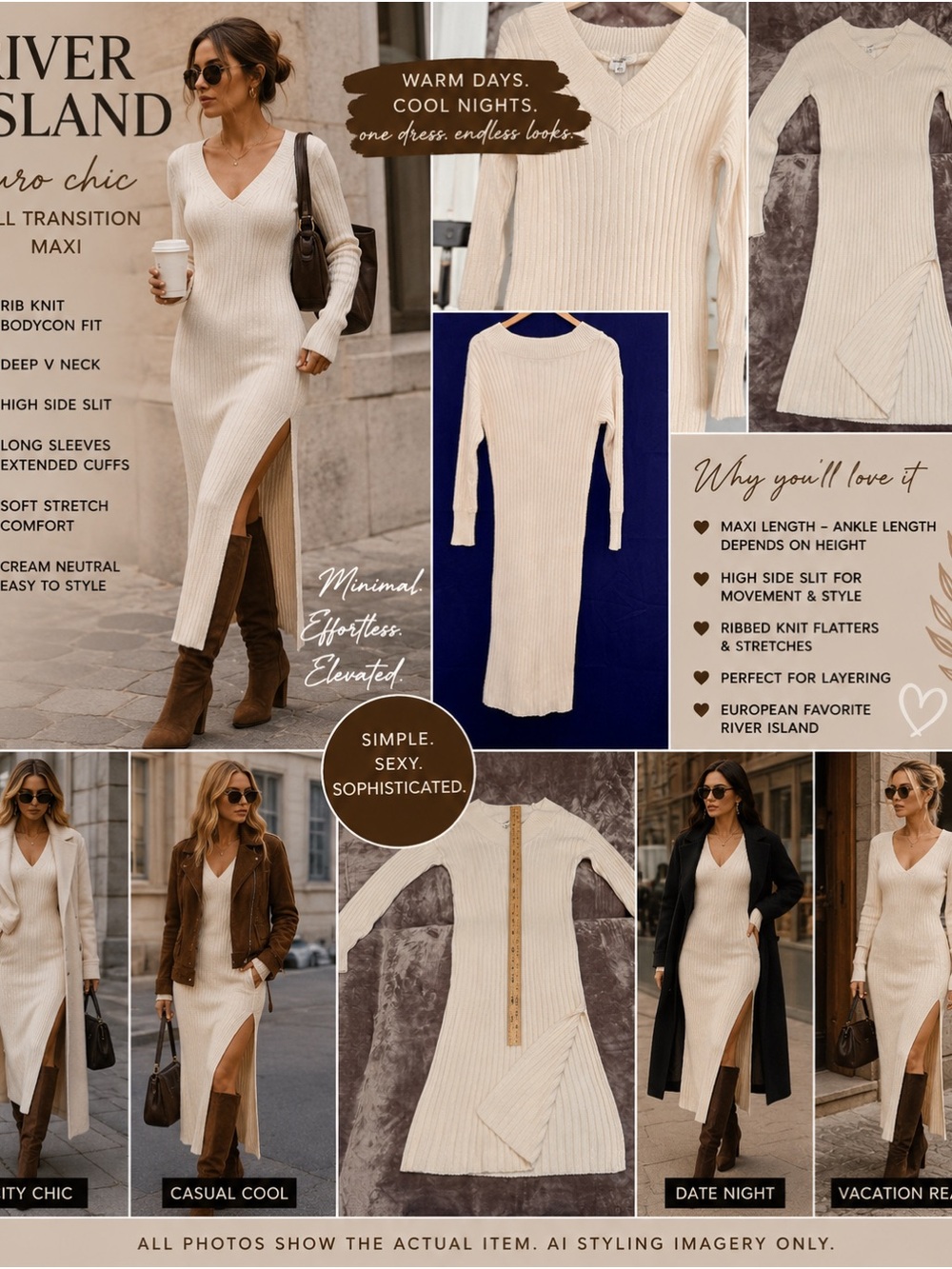 NWOT River Island XS Cream Rib Knit Bodycon Maxi Dress High Slit V Neck Eurocore